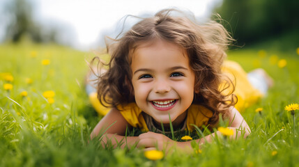 Une jeune fille souriante allongée dans l'herbe parmi les pissenlits. - obrazy, fototapety, plakaty