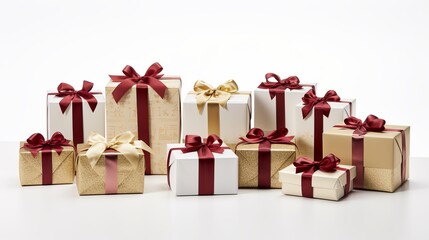 Obraz premium Red and white gift wrapped presents with ribbon bows on white background for celebrations