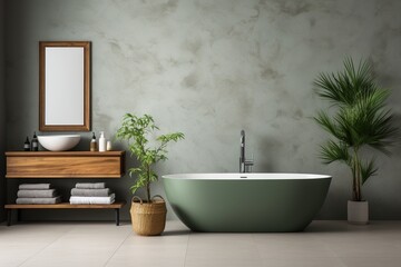 Modern bathroom interior with green bathtub and plants