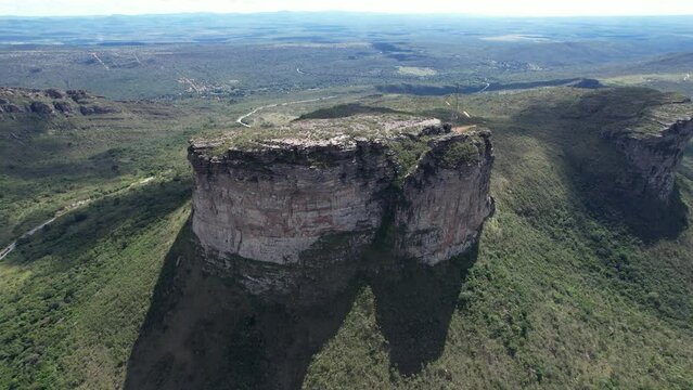 Flying towards the peak, front of mountain wall, Morro do Pai In&aacute;cio in Chapada Diamantina, Bahia, Brazil.