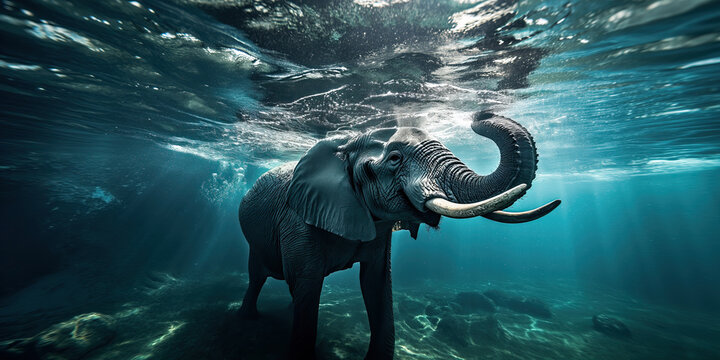 Elephant Underwater With Trunk Raised - Majestic Wildlife Photography