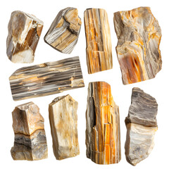 Petrified wood specimens isolated on white background, detailed, png
