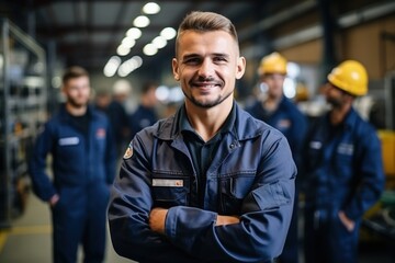 Portrait of a smiling factory worker in a group of coworkers - obrazy, fototapety, plakaty