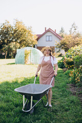 A professional gardener is carrying a wheelbarrow. A young woman with a wheelbarrow is working in the garden, small local farming