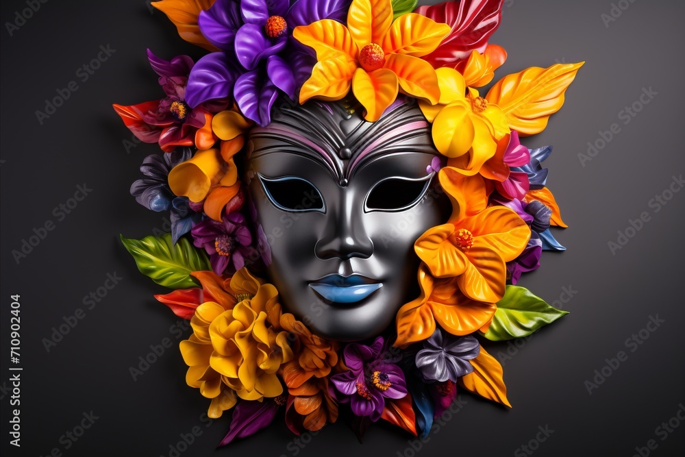 Poster vibrant carnival mask on solid color background with text space for creative messaging
