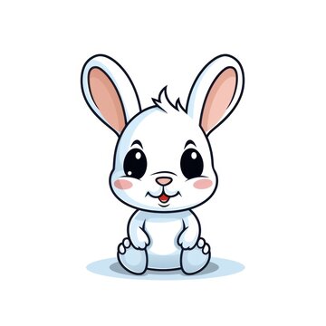 A cartoon illustration of a white bunny with pink cheeks and a pink nose. It has long droopy ears and is sitting down.