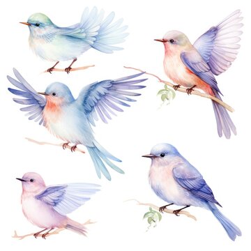 A watercolor painting of five birds in blue and pink colors, two of them flying, one perched on a branch, and two others on the branches.