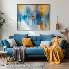 Modern interior of living room with turquoise sofa, yellow pillows, wooden coffee table and frame