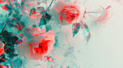 This image presents a striking anaglyph effect on blooming roses, 