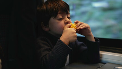 One small boy snacking corn while traveling by train with landscape passing by in background,...