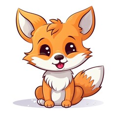 A cartoon illustration of a cute, happy fox with big eyes and a big smile, sitting down.