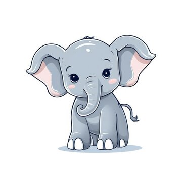 A cartoon baby elephant with a long trunk and big eyes. It is grey with a pink tummy and pink cheeks. It has small ears and stands on four white legs. The elephant is facing the viewer.