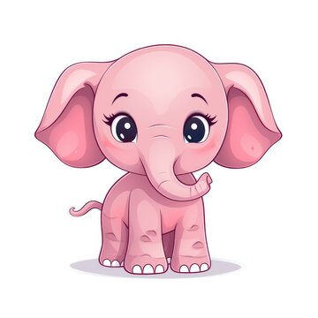 A pink baby elephant with blue eyes, pink tusks, and a pink tail. It has a white background.