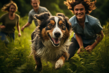 An international group of friends, representing Asian, European, and South American backgrounds, bond over a game of fetch with their exuberant Australian Shepherd in a lush green - obrazy, fototapety, plakaty