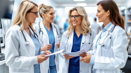 four female healthcare professionals in white lab coats and blue scrubs, discussing over a document in a modern hospital setting
