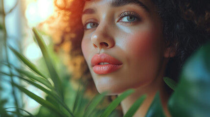 Beautiful young mulato woman in tropic plants . Blue eyes and cutly hair. Looking forward.  - obrazy, fototapety, plakaty