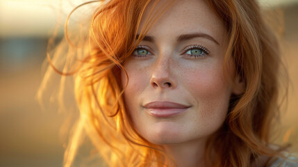 Naklejka premium Beautiful redheaded smiled woman. Blue eyes and long wavy red hair. Looking forward. 
