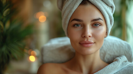 Beautiful young woman wearing towel smiling and enjoying spa procedure. Beauty treatmen in spa salon. 