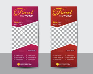 Fototapeta na wymiar Travel vacation roll up banner design, Company Tours Vacation exhibition display template. 