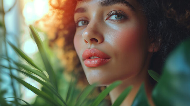 Beautiful young  woman in tropic plants . Blue eyes and cutly hair. Looking forward.