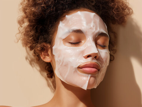 Beautiful young black woman is applying a cosmetic  sheet mask on her face 