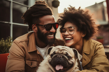 A multicultural couple shares a laughter-filled moment with their playful French Bulldog on a vibrant city rooftop, illustrating the happiness found in urban living with canine com - obrazy, fototapety, plakaty
