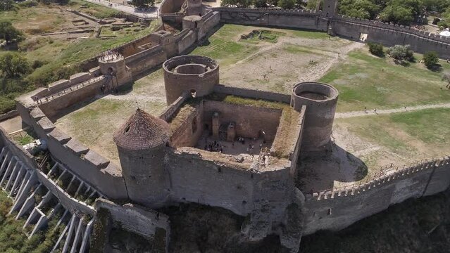 Aerial drone 4k downward footage of Akkerman fortess in Bilhorod Dnistrovskyi city in Odessa region, Ukraine. Travel destinations in Ukraine