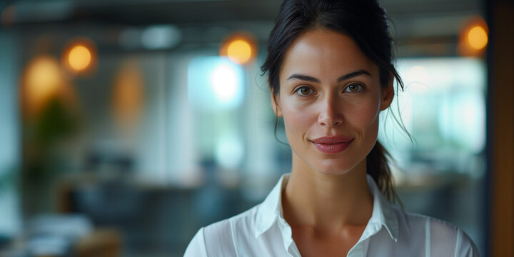 Gesch&auml;ftsfrau im B&uuml;rogeb&auml;ude portraitiert