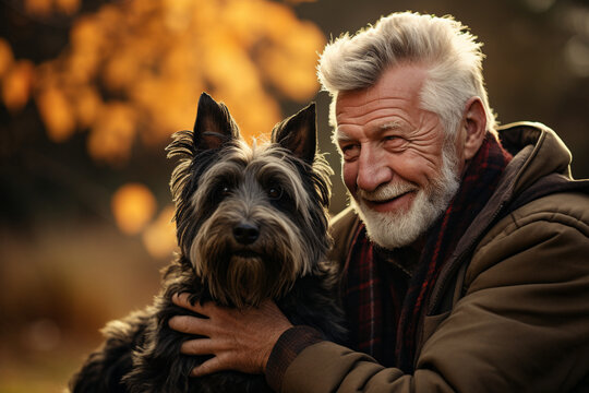 A Heartwarming Moment As An Elderly Couple, One With A European Background And The Other With South Asian Roots, Shares A Gentle Hug With Their Affectionate Scottish Terrier, Symbo