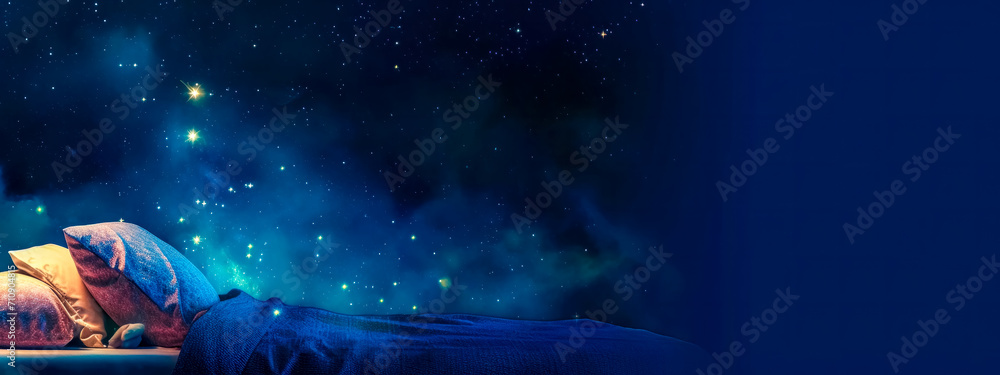Wall mural night scene with a cozy bed setting, the pillows and blanket dusted with a celestial pattern, mergin