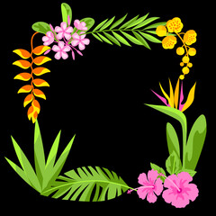 Frame with tropical flowers. Decorative exotic foliage and plants.