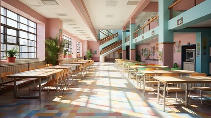 Cafeteria Interior Design With Pink Walls And Colorful Checkered Floor Tiles - obrazy, fototapety, plakaty