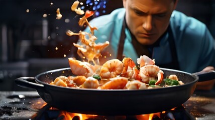 Focused chef prepares a fiery seafood stir-fry, capturing the motion of food and flame in a dynamic shot. AI