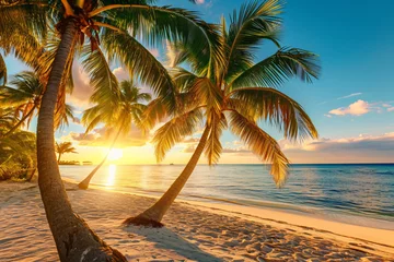 Deurstickers Strand zonsondergang Sunny exotic beach by the ocean with palm trees at sunset summer vacation Generate AI