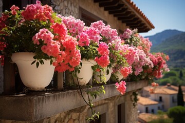 Fototapeta na wymiar Summer flowers on the balcony or terrace, flowers in pots, home decoration with flowers