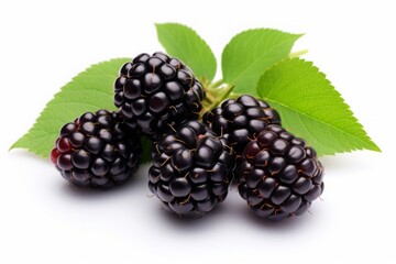 blackberries isolated on a white background. a bunch of black berries with leaves. - obrazy, fototapety, plakaty