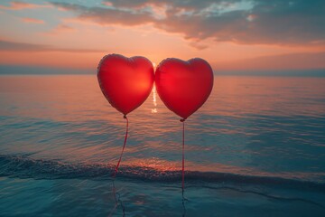 Creative composition with two heart-shaped balloons against the sunset by the sea. Valentines day concept