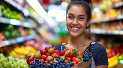 Obraz premium Joyful Shopper with Fresh Fruits in Supermarket