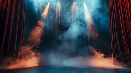 Empty theater stage with dramatic lighting and smoke. an awaiting audience's view before a performance. AI