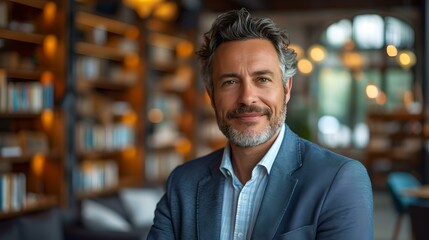 Confident professional man posing in a library setting. smiling gently, wearing a suit. AI