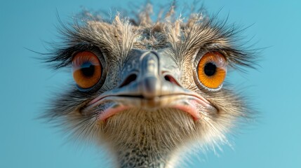 Up-close portrait of an ostrich with vivid eyes against a clear sky. quirky and engaging wildlife photo. AI