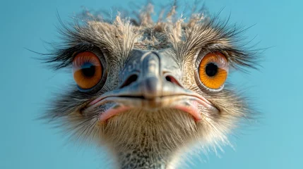 Foto op Aluminium Up-close portrait of an ostrich with vivid eyes against a clear sky. quirky and engaging wildlife photo. AI © Irina Ukrainets
