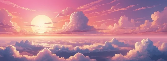 Fototapeten Pink fluffy cumulus clouds background. Penetrating rays of light through the sky. Pink heaven. Sunset. Amazing cloudscape. Atmosphere. Wallpaper. © OneMoreTry