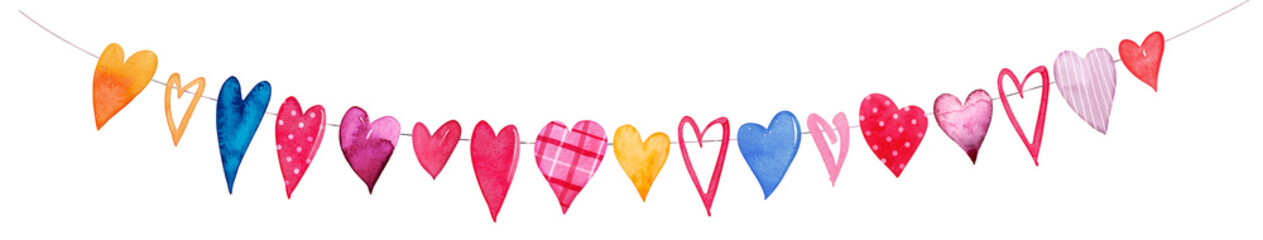 Watercolor Illustration Of Valentines Day Flags. Cartoon PNG hearts flags Illustration on a Transparent Background