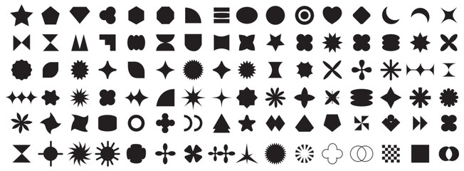 Brutalist abstract geometric shapes. Futuristic Y2K graphic icons. Collection of different graphic elements, star, sparkle, shapes, spheres, icons, frame, graphic design, poster, merch, flyers. Vector