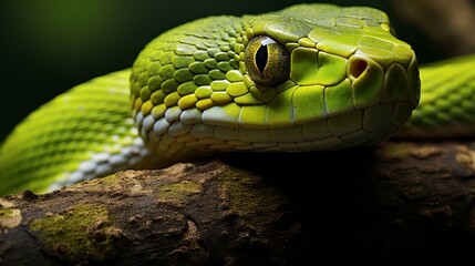 Detailed macro close up of a vibrant green snake coiled on a lush tree branch in the exotic jungle