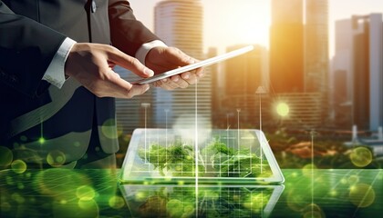 Human touching a advanced technology based on hologram light with greenery city, eco-friendly city on a city background with hologram network icons for energy source research, renewable energy concept