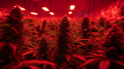 ripe marijuana bush growing in a basement lit by artificial red light from a warm lamp, growing cannabis indoors with additional electric light from lamps . - obrazy, fototapety, plakaty