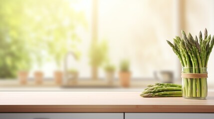 Fresh green asparagus on wooden table with blurred kitchen background and copy space for text