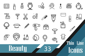 Beauty thin line vector icons. Modern style of body care related icons. Vector illustration. Cosmetic procedures for face and body, diet, cosmetics, and more - obrazy, fototapety, plakaty